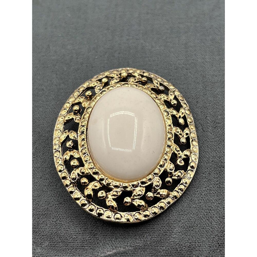 Ivory Colored Brooch Pin Gold Trimmed Decorative